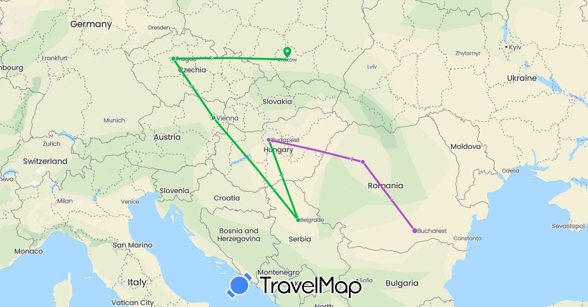 TravelMap itinerary: driving, bus, train in Austria, Czech Republic, Hungary, Poland, Romania, Serbia (Europe)
